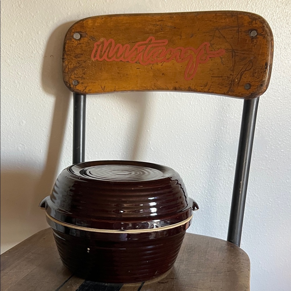 Antique stoneware Dutch oven glazed brown